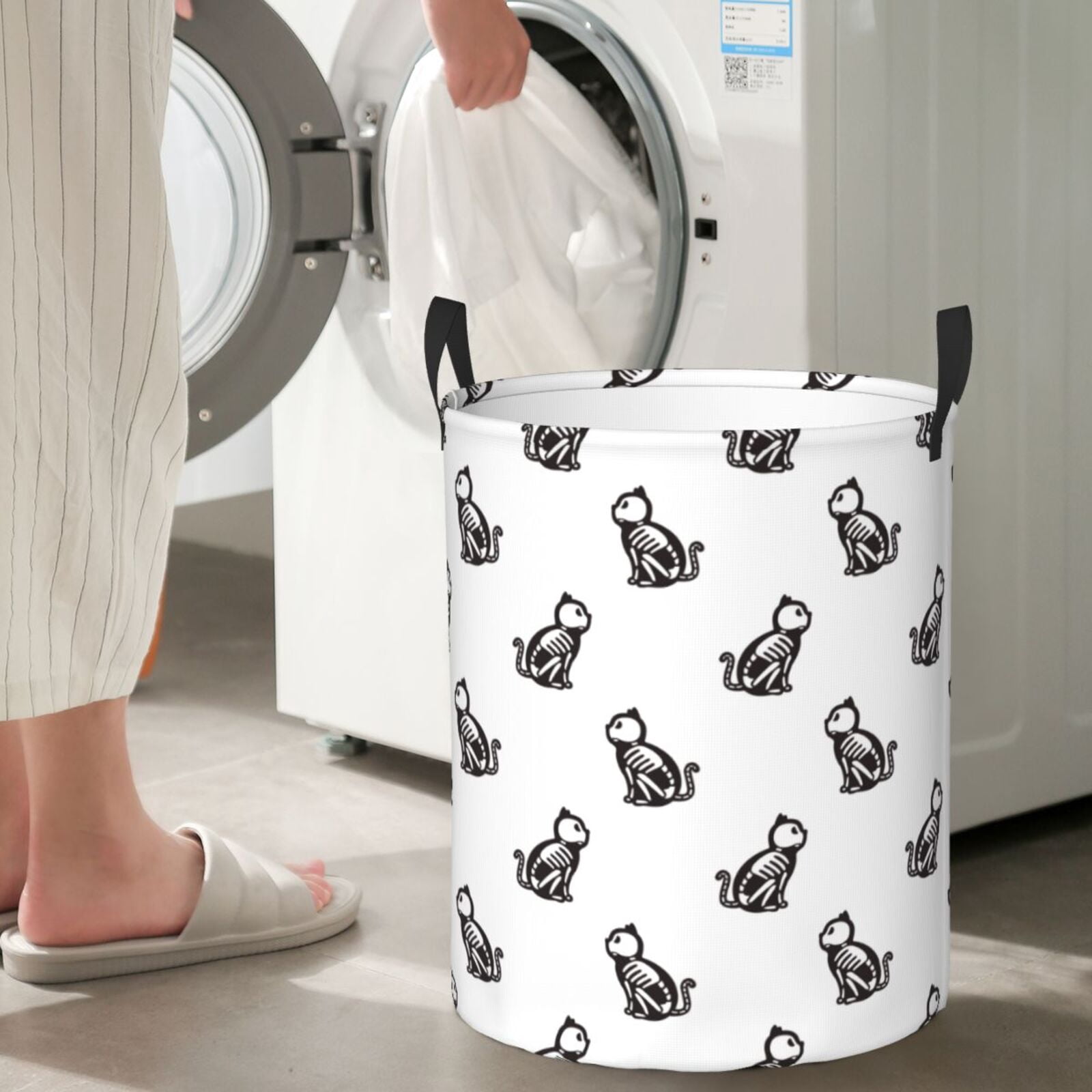 Large Laundry Basket with Handles - Black White Cartoon Cat Bones Kids Baby Dirty Clothes Laundry Hamper for Bedroom Aesthetic