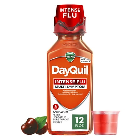 Vicks DayQuil Intense Flu Liquid, Over-the-Counter Medicine, Multi-Symptom, Powerful Daytime Relief for Body Aches, Fever, Headache, Sore Throat, and Cough, 6 Hour Relief, Cherry Flavor, 12 FL OZ