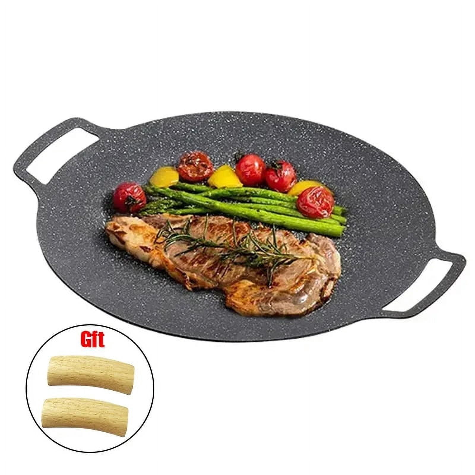 Korean BBQ Grill Pan Smokeless Round Griddle Pan Barbecue Plate Indoor Outdoor Grilling Frying Pan with Heat-resistant holder