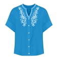 thumbnail image 4 of Qwertyu Linen Shirts for Women Spring Summer Casual Short Sleeve Embroidered Boho Tops Loose Fit Button Down Blouses Trendy Dressy V Neck Work Shirts Sky Blue S, 4 of 6