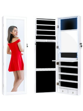 Best Choice Products Hanging Mirror Jewelry Armoire Cabinet for Door or Wall Mount w/ LED Lights, Cosmetics Tray, Lock