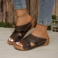 thumbnail image 2 of Womens Comfortable Open Toe Wedge Slide Sandals Coffee Vegan Faux Leather Wedge Heel Supports Arch,Size 6.5, 2 of 9