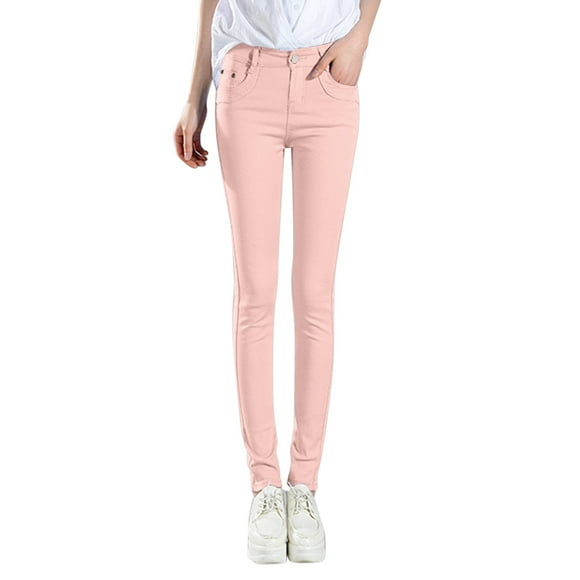 Summer Savings Clearance 2024 Hontri Women's Jeans Sale Women High Rise Fashion Jean Classic Solid Color Ankle Jeans Casual Regular Tight Fitting Jeans, Pink XL