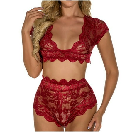 

Hfyihgf Women Sexy Sheer Floral Lace Pajamas Lingerie Set High Waist Sleepwear Deep V Neck Bra and High Waist Panty 2 Piece Nightwear(Red L)