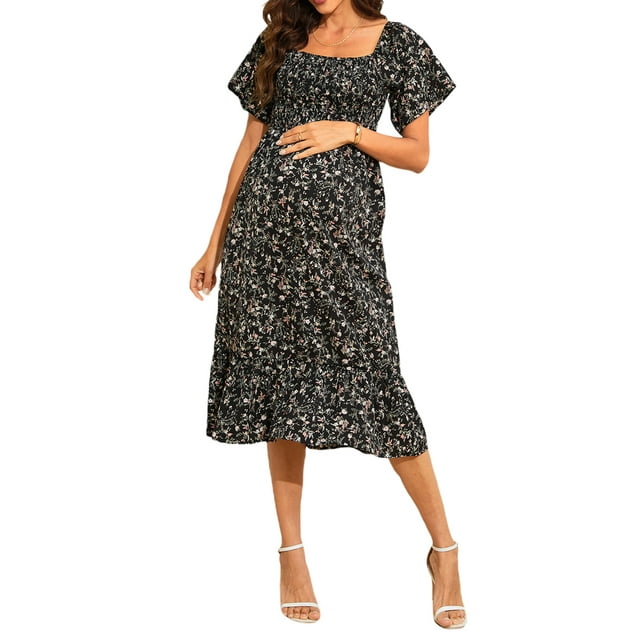 xiaxaixu Robe de Grossesse Femme Imprimé Floral Col Carré Manches Courtes Robe en Chiffon Robe Midi Robe d'Été Décontractée Maternité