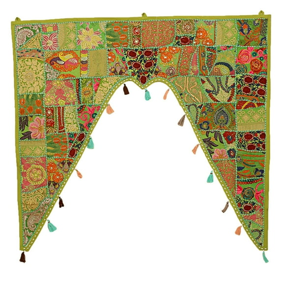 Stylo Culture Decorative Cotton Swag Curtain Large Door Valance Kids Parrot Green Vintage Embroidered Patchwork Floral Scarf Curtain Topper Bedroom Window Covering Hanging Toran Gate | 45 x 41 Inches