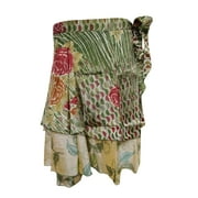 Mogul Women's Vintage Wrap Around Skirt Reversible Silk Sari 2 Layer Green Beach Cover Up Mini Skirts