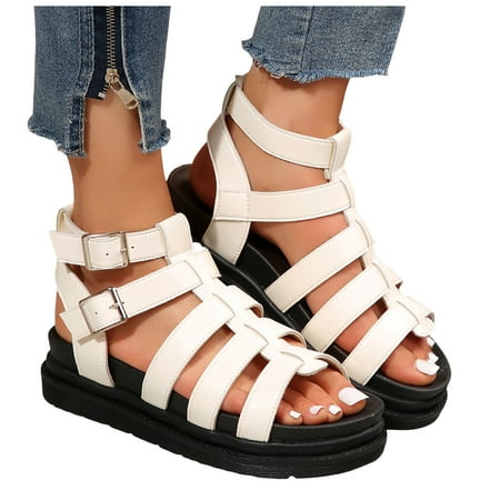 

ZHAGHMIN Platform Flip Flops Women s Strappy Roman Sandals High Top Sandals Female Pu Leather Buckle Strap Thick Bottom Sandals White Size7
