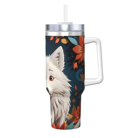 

Goofa White Wolf With Flowers Print 40oz Ice Bully With Handle And Straw Stainless Steel Vacuum Insulated Cup And 2 In 1 Straw Lid
