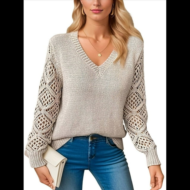 Suéter de Larga con Cuello en V para Mujer, Suéter de Otoño, Jersey de Punto. Albaricoque L