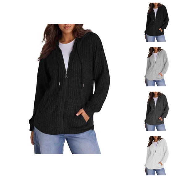 Ribbed Zip Up Hoodies for Women 2025 Fall Winter Long Sleeve Plain Hooded Sweatshirt with Pockets Jacket Coat