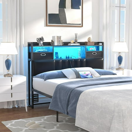 Aheaplus Twin Headboard with Drawer Storage and RGB LED Light, Twin Size Upholstered Headboard with Charging Station and Bookcase, for Bedroom/Dorm Room/Guest Room, Black Oak