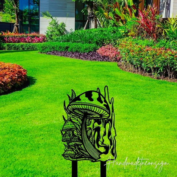 Handmadetneonsign Outdoor Mushroom Garden Metal Name Sign With Stakes, Garden Yard Decor