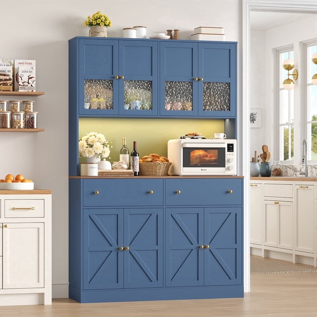Homfa 8 Door Kitchen Pantry Cabinet with 2 Drawer, 71" LED Buffet Cabinet with & Charging Station & USB Port, Blue