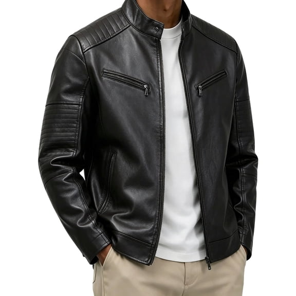 WIZUTIZ Men's Leather Jacket Solid Color Motorcycle Vintage Zipper Pocket Long Sleeve Hoodless PU Coat for Winter Casual Daily Outdoor Mens Fashion