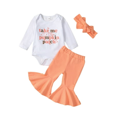 

Halloween Newborn Infant Baby Girl Fall Clothes Letter Print Long Sleeve Crewneck Romper Flare Pants Headband Set 3Pcs Outfit