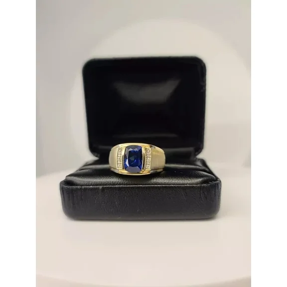 Men's 14K Yellow Gold Plated 3Ct Cushion Cut Simulated Blue Sapphire & Diamond Accent Wedding Band Ring 925 Sterling Silver