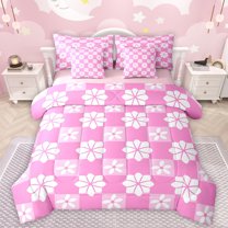 Manfei Cute Cartoon Flowers 7 Pieces Bedding Comforter Set,Lovely Floral Blossom Full Bedding Set,White Pink Fitted Sheet Flat Sheet For Kids,Microfiber Bedroom Decor Reversible