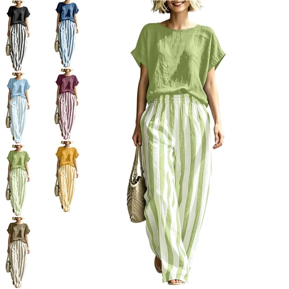 MLCDZ Striped Two Piece Sets for Women Plus Size Casual Round Neck Short Sleeves Shirt and Classic Striped Wide Leg Pants Outfit with Pockets Matching Set