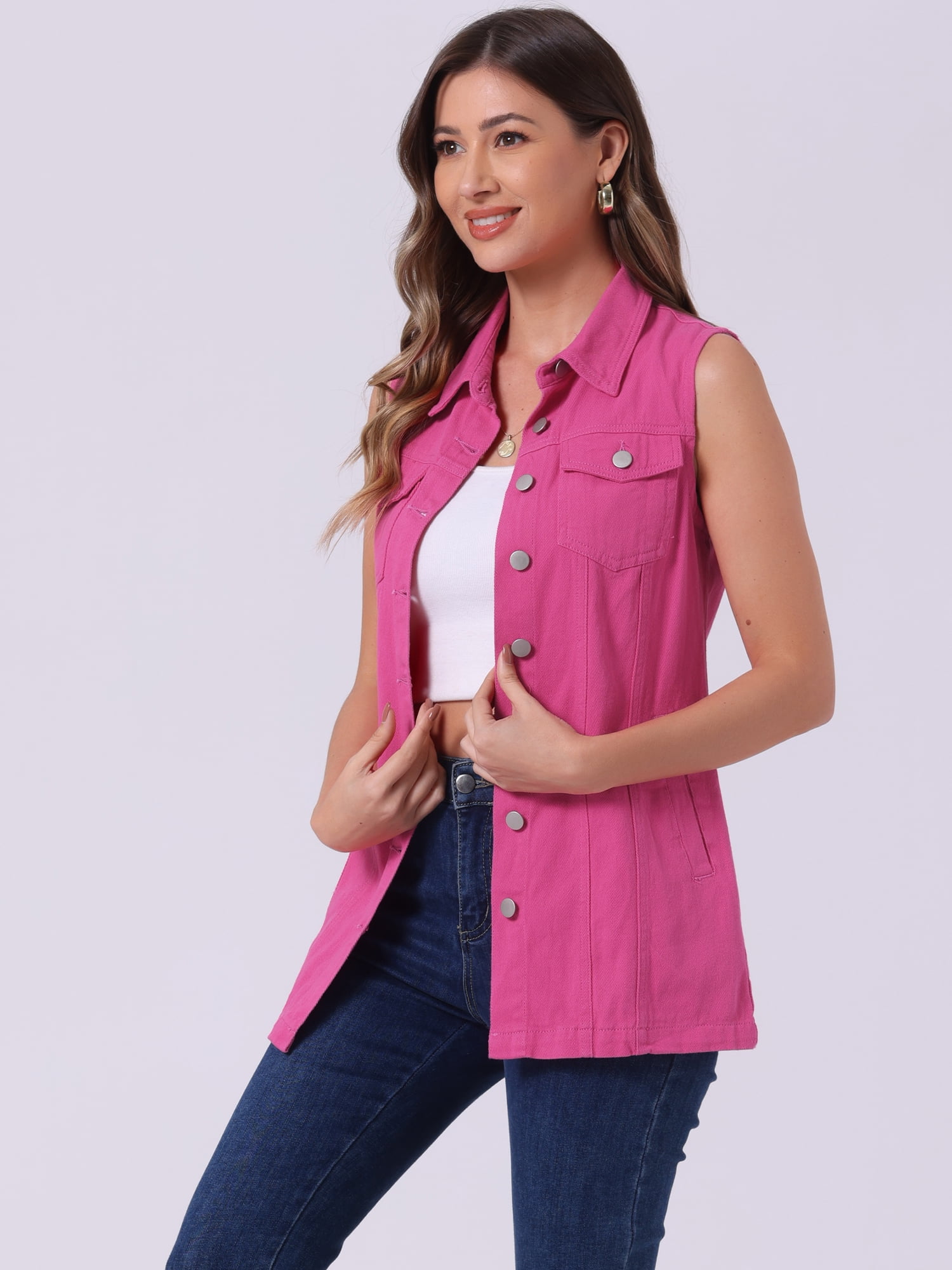 DARING DIVA Women's Button Down Sleeveless Pockets Mid-Long Denim Vest S Hot Pink