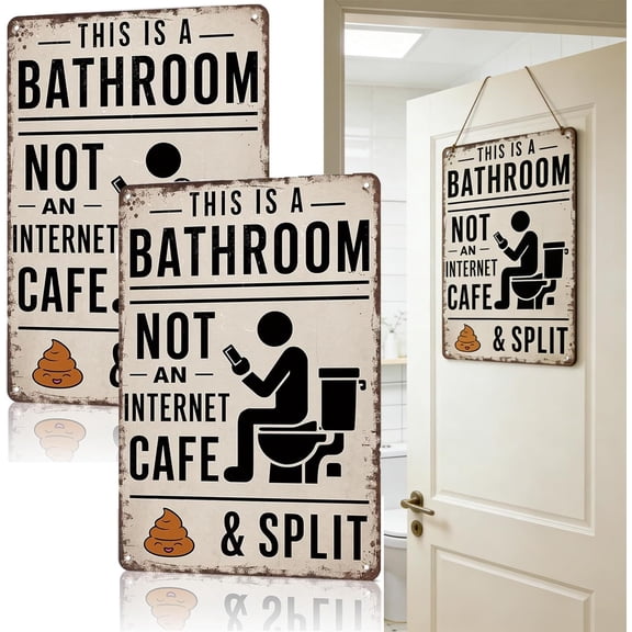 Vintage Metal Bathroom Sign, 2 Pack 8x12 Inch This Is a Bathroom Not a Cafe Wall Art, Funny Farmhouse Restroom Decor for Home, Office, Gift