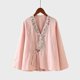 thumbnail image 4 of Tops de Manga Corta de las Mujeres Bordado Casual Cuello en V Botón de Color Sólido para Primavera Verano, Mezcla de Poliéster Estilo de Lino para el Uso Diario, 4 of 6
