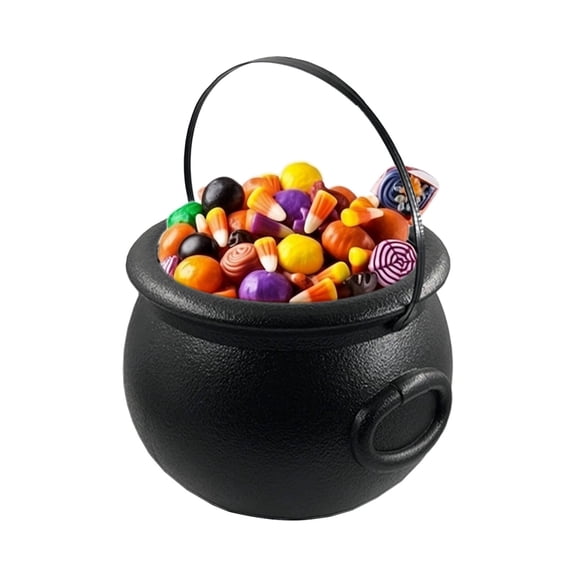 Halloween Witch Cauldron Candy Bucket Large Plastic Flame Bucket with Handle Spooky Storage Jar for Treats Trick-or-Treat Party Decor Tabletop Centerpiece