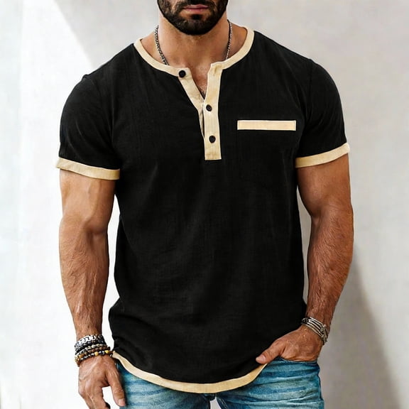 Men's Solid Color Blocked Short Sleeve Pullover Shirt for Sports and Fitness