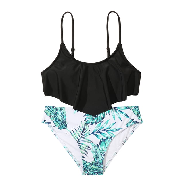 AJIWYH Girls Swimsuit Two Pieces Bikini Set Ruffle Bathing Suits Tankini Swimwear Black 6-7 Years