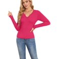 thumbnail image 2 of Women'S Ribbed Deep V-Neck Wrap Style Long Sleeve T-Shirt Casual Basic Stretch Top Rose Red M, 2 of 7