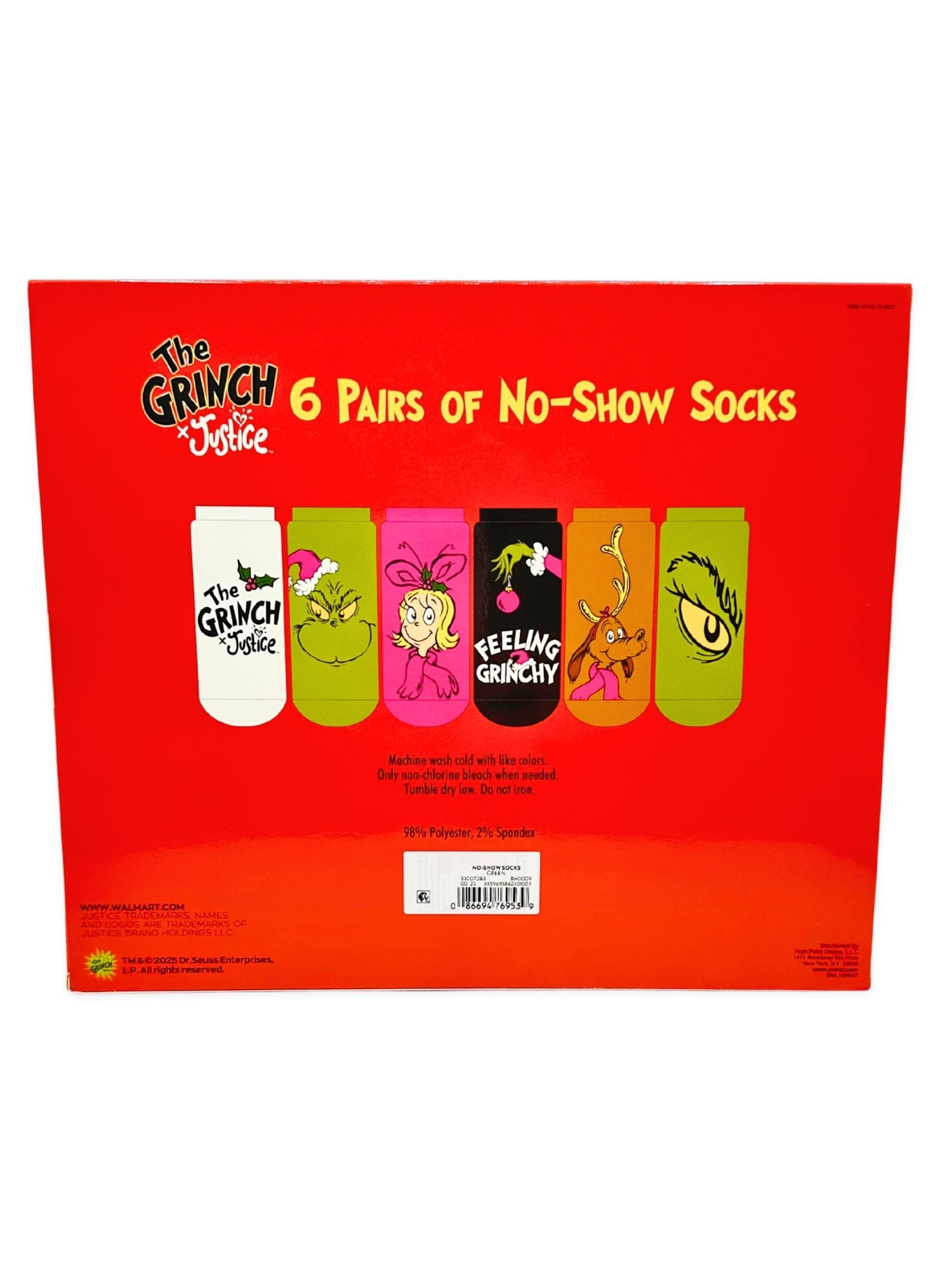 Grinch x Justice Girls No-Show Socks, 6-Pack, Sizes S/M-M/L
