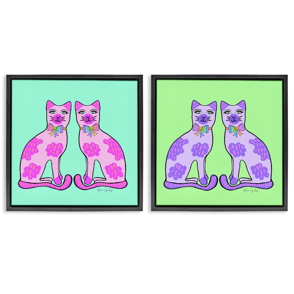 Stupell Industries Bright Purple Cat Pairs Animals Painting Black Floater Framed Canvas Art Print Wall Art, 18 x 18, Set of 2