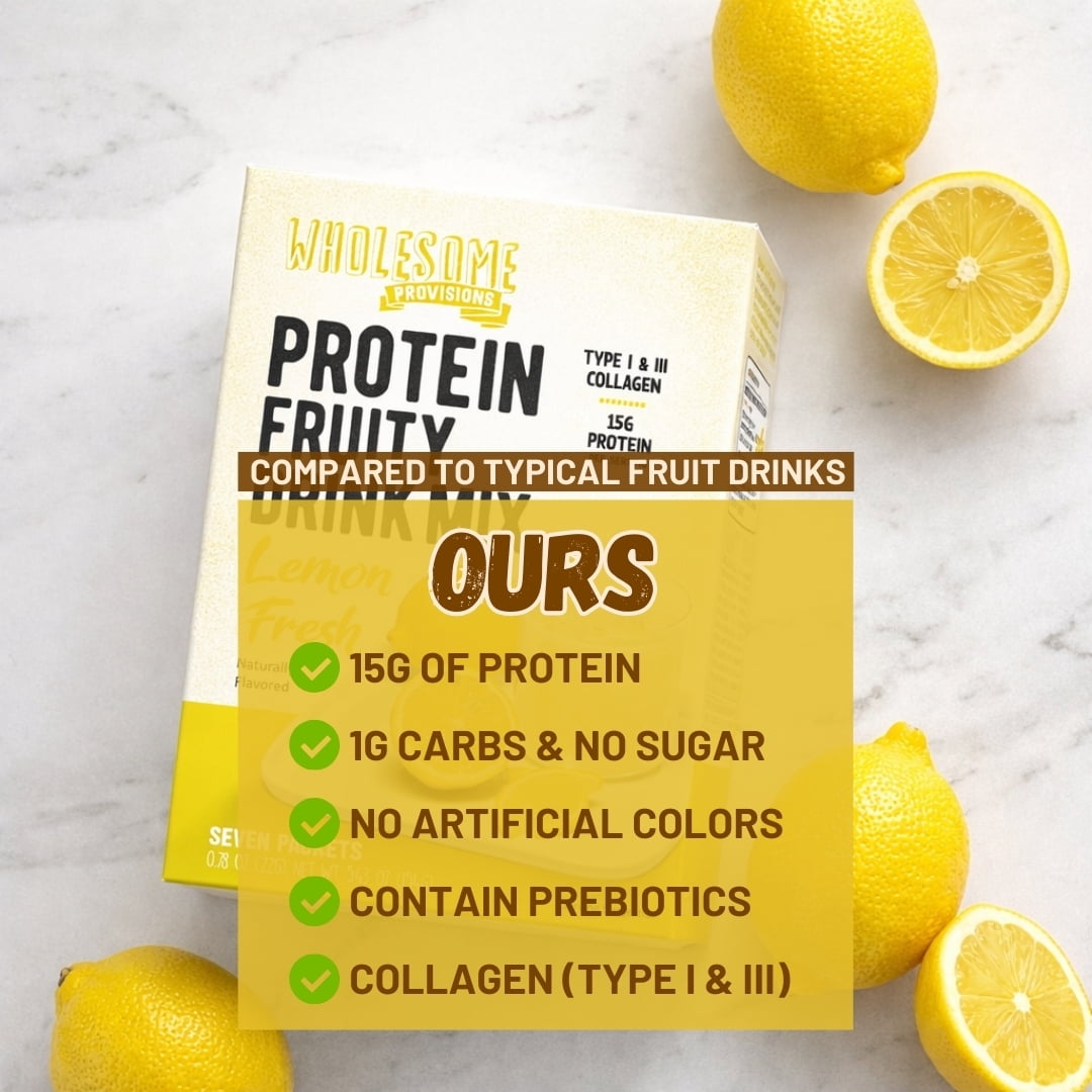 Protein Fruit Drink Mix, 15g Protein, Low Sugar, Collagen + Prebiotics, No Artificial Colors or Dyes, Refreshing by Wholesome Provisions(Pack of 5, Lemon)