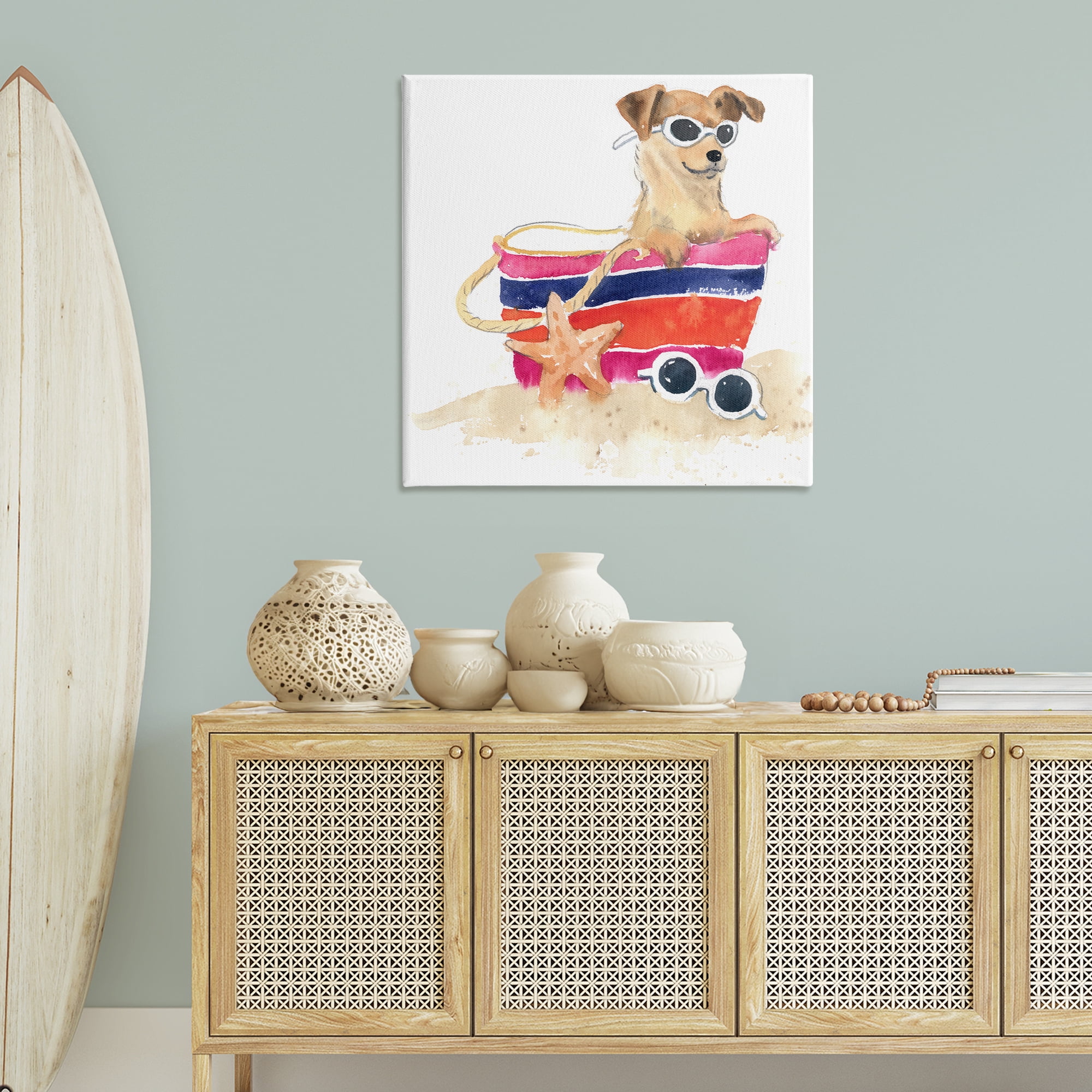 Stupell Industries Sandy Dog in Beach Bag Animals Painting Wrapped Canvas Art Print Wall Art, 36 x 36