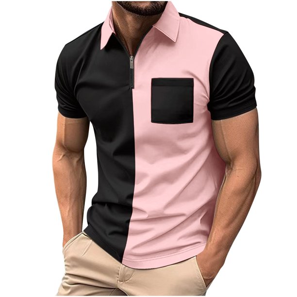 Camisetas de Golf de Manga Corta Primavera Verano Pecho Bolsillo Color Bloqueado Cremallera Casual Camiseta Superior, Transpirable