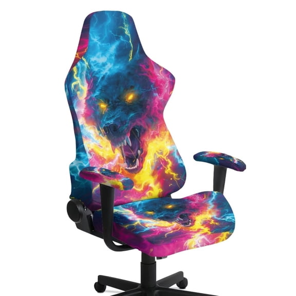 Pzuqiu Wolf Gaming Chair Covers Soft Office Chairs Protector with 2 Pieces Armrest Covers Lightning Scratchproof Elastic Gaming Chair Covers Set for Home, Shop, Office