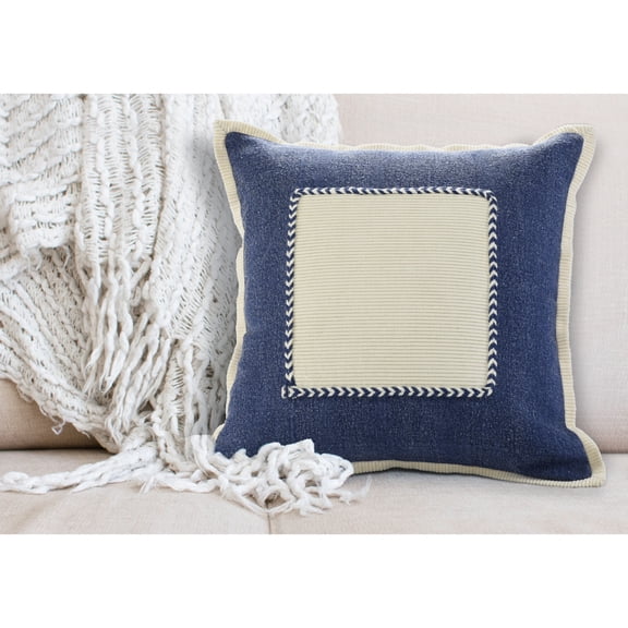 Laddha Home Designs Handwoven Geometric Throw Pillow Cover - 20" - Navy Blue and White