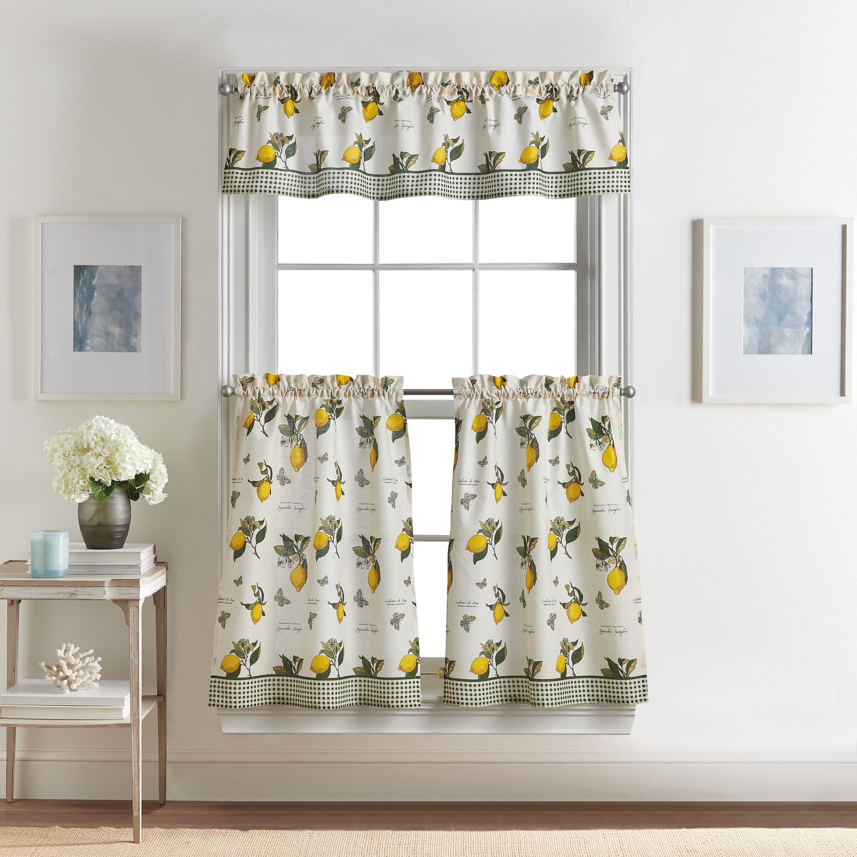 Sunflower Kitchen Curtain Two Tier One Valance Cream Yellow Green Polyester NEW 