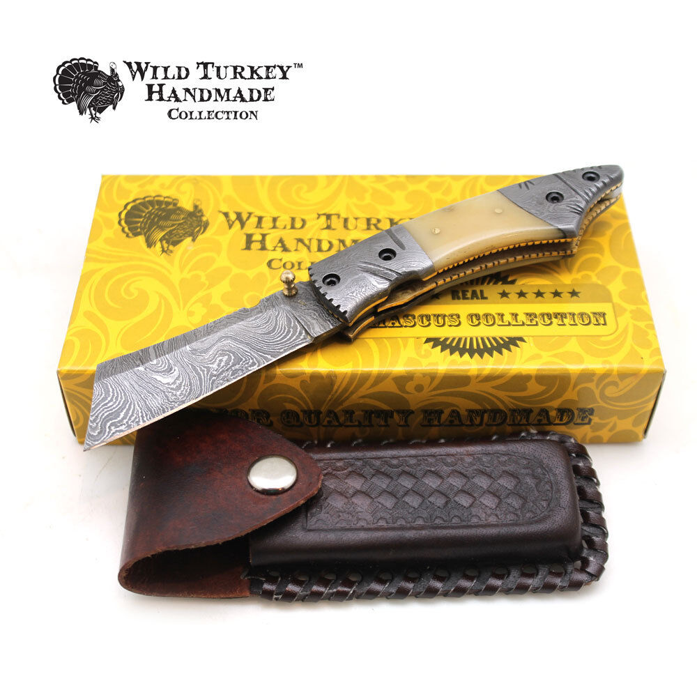 Wild Turkey Handmade Damascus Steel Collection Razor Style Folding Knife