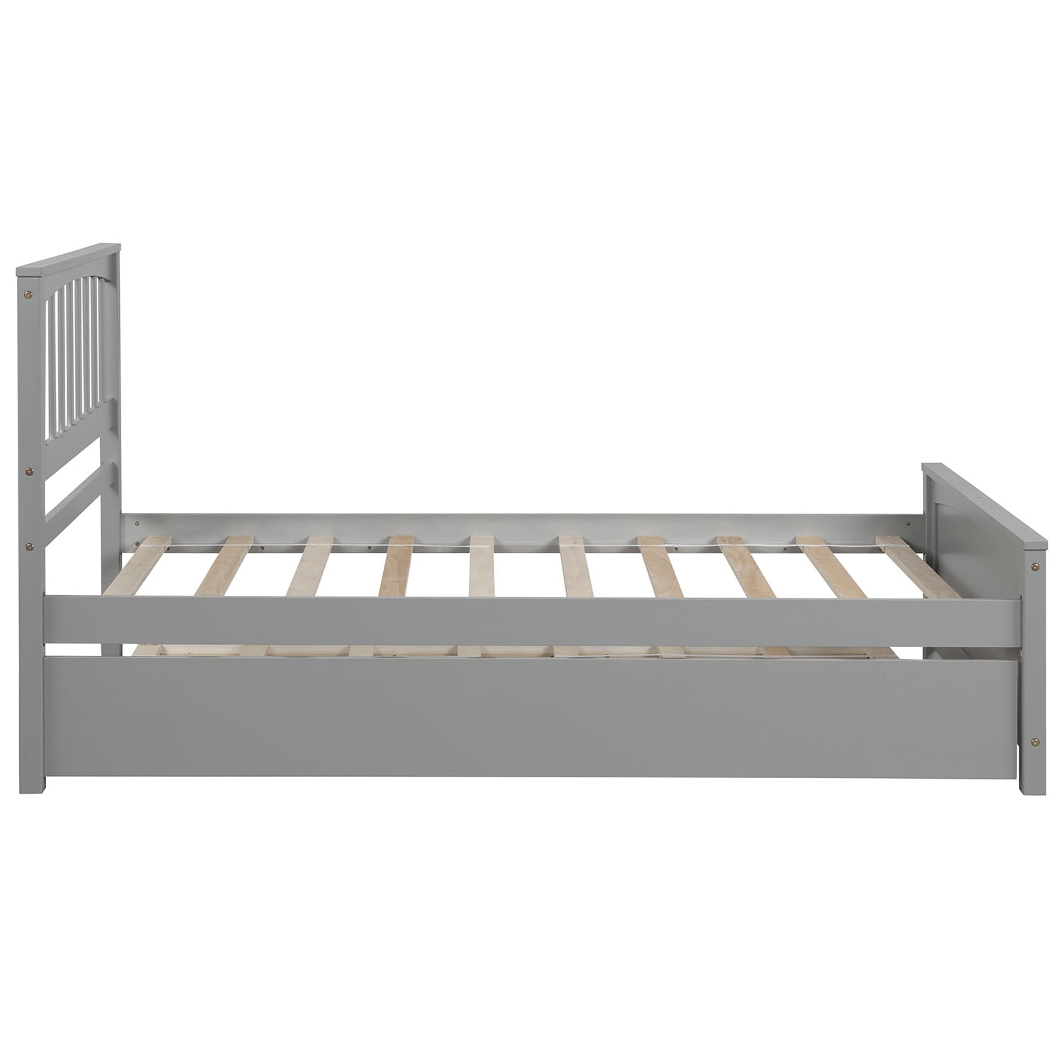 Mintazer Twin Size Platform Bed Frame with Pull Out Trundle Bed, Vertical Slatted Headboard & Panel Footboard for Kids Teens Adults Bedroom, No Box Spring Needed, Gray