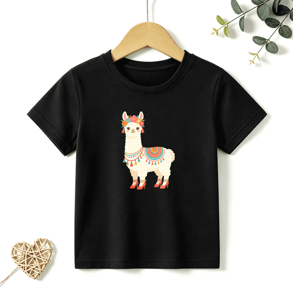 Girls Graphic Tees Boho Llama Flower Crown Kids T Shirt Cute Animal 100% Cotton Short Sleeve Soft Tops 4-13Y