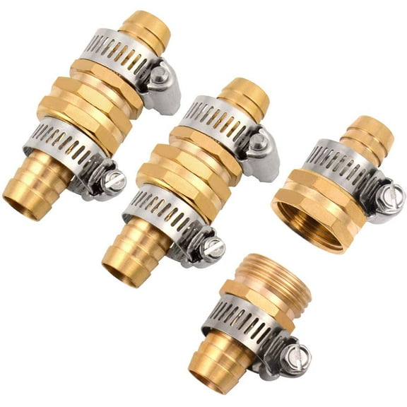 3Sets Solid Brass Thicken 5/8" Garden Hose Mender End Repair Male Female Connector with Stainless Clamp