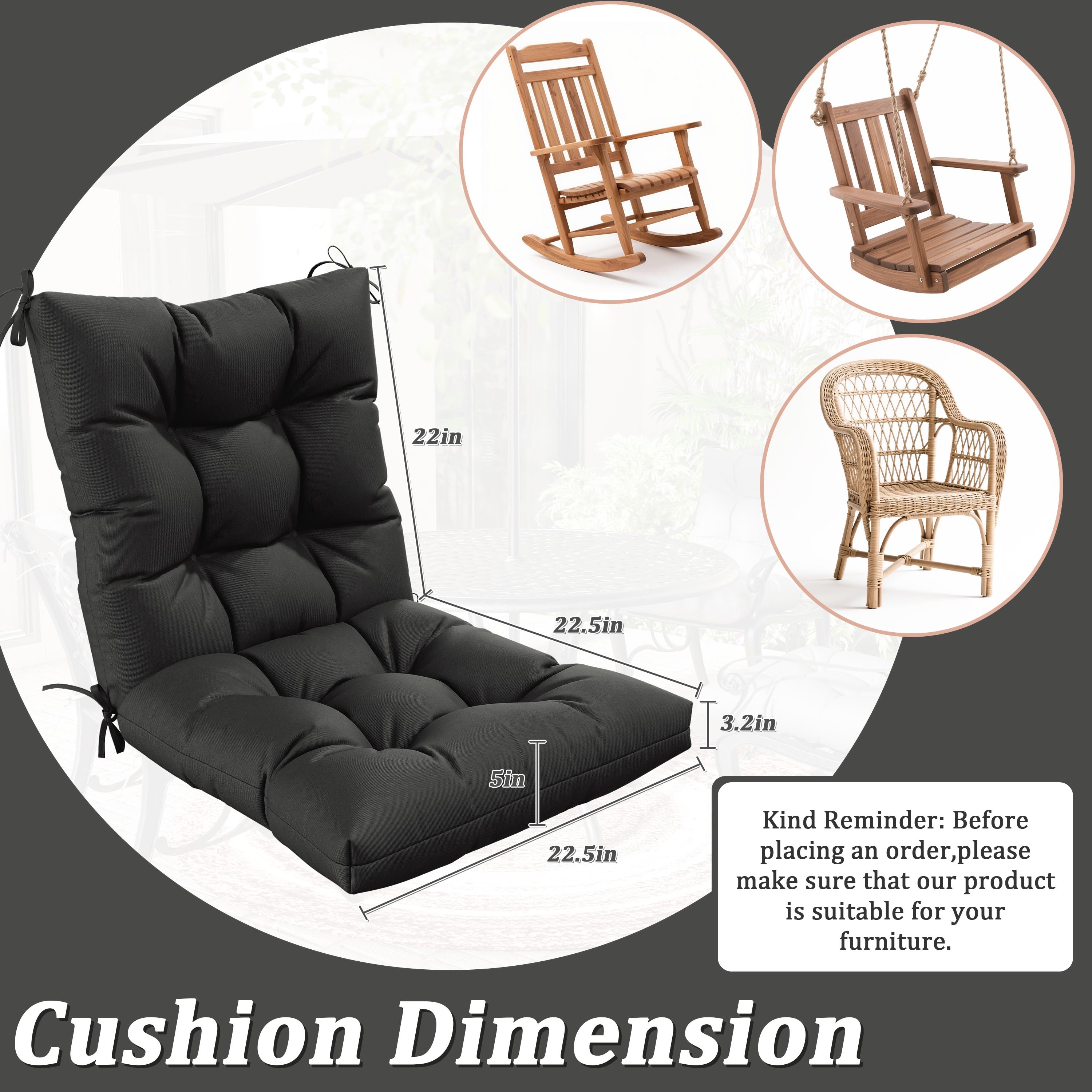 Snubbull Swing Cushions Set of 2, 42" × 21" × 5" Waterproof Rocking Chair Cushions with Ties for Outdoor Indoor Single Seat Cushions, Black