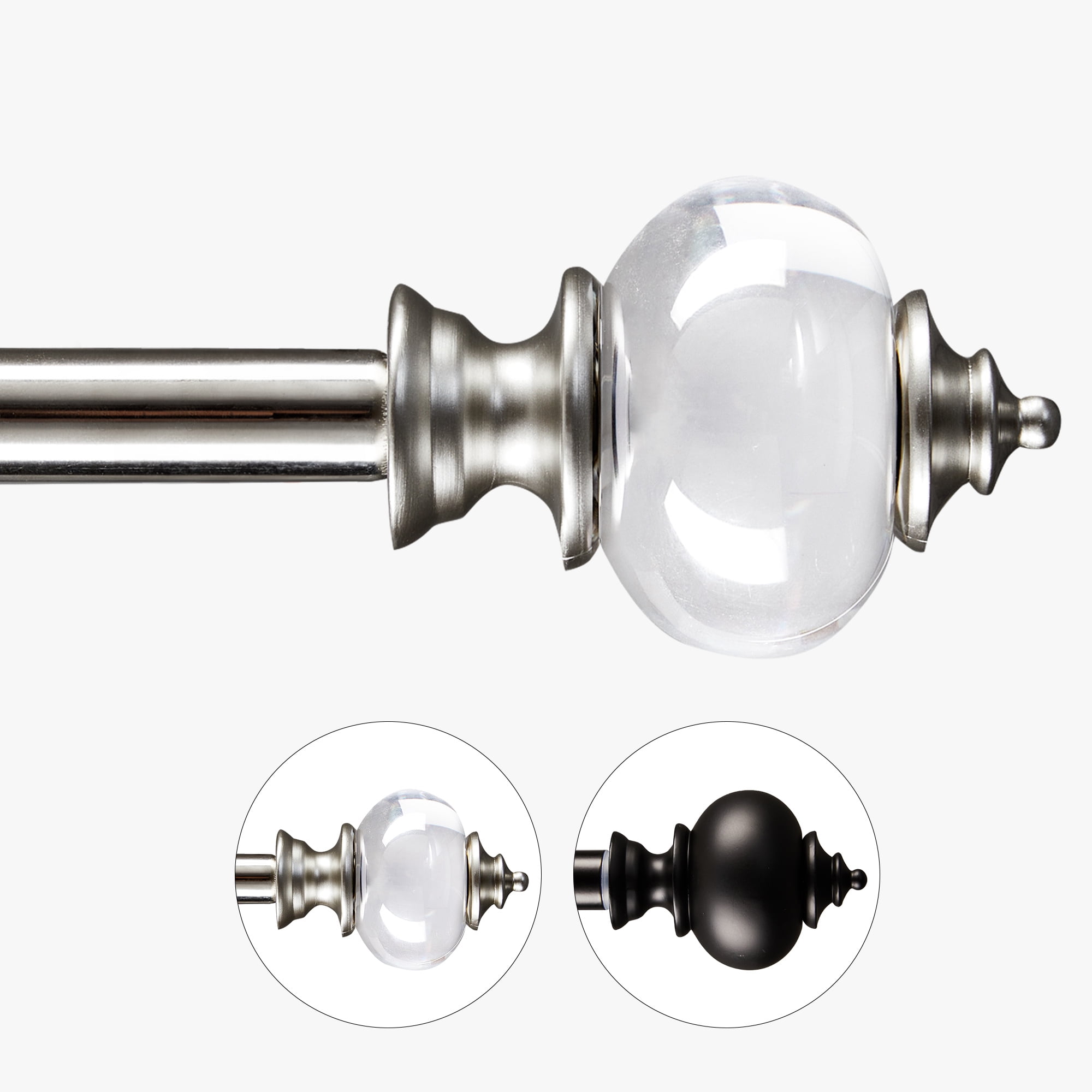 Deconovo Decorative Curtain Rod with Clear Acrylic Finial, Silver, 48-84 Inch, Stainless Steel Adjustable Window Treatment Rod