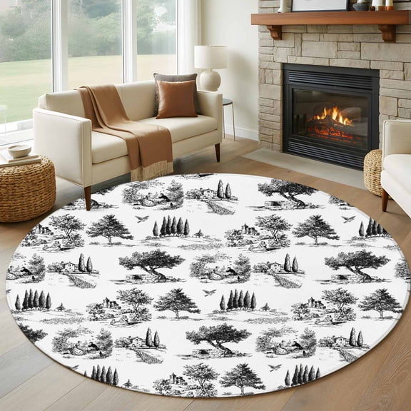Farmhouse Country Round Area Rug 5Ft Washable Circle Rugs for Living Room Bedroom, Black Vintage Trees Rustic French Garden Non-Slip Carpet Floor Mats Indoor Outdoor Carpet Runner Home Decor