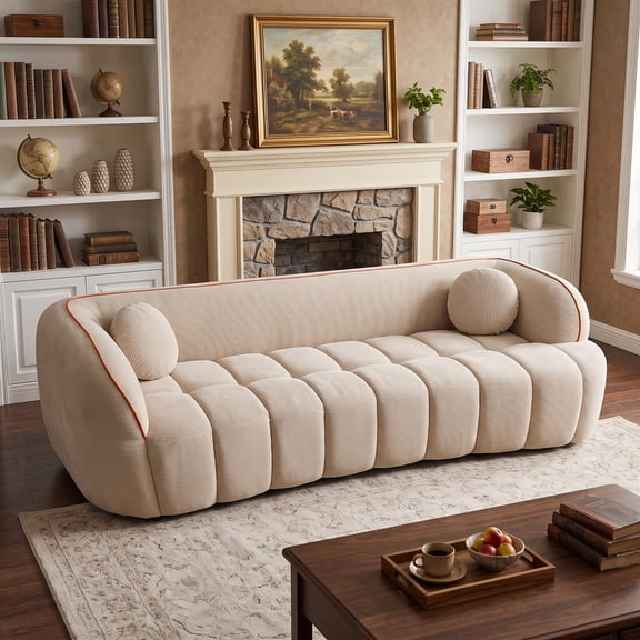 LUCKHAO 98.4" Modern Compressed Cloud Sofa, 3-Seat Corduroy Couch, No Assembly Sofa-in-a-Box, Camel