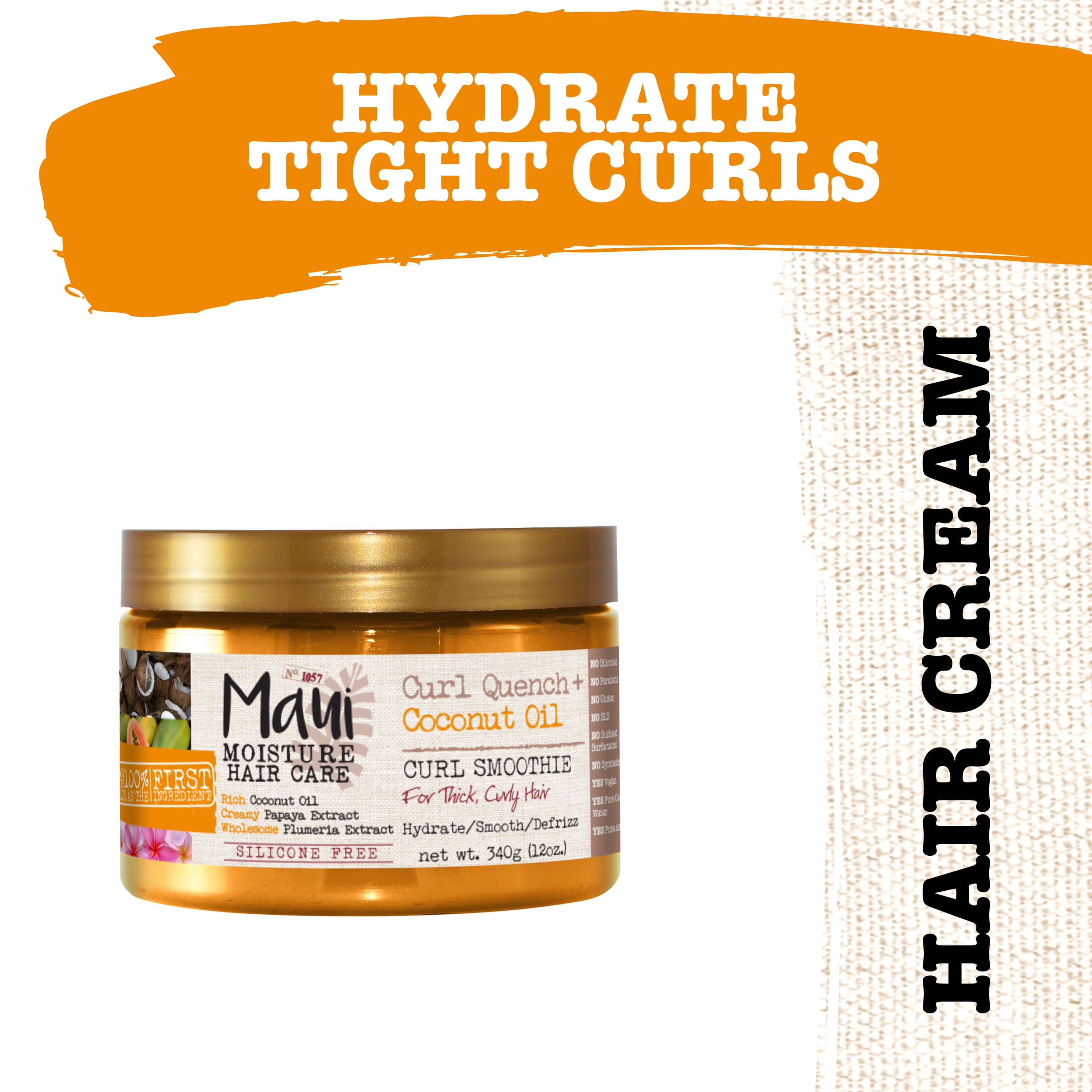Maui Moisture Curl Quench + Coconut Oil Hydrating Curl Smoothie, Creamy Silicone-Free Styling Cream for Tight Curls, Braids, Wash & Go Styles 12 oz