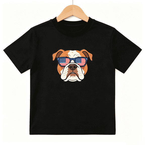 Bulldog USA Flag Sunglasses Boys Graphic Tee, Patriotic 100% Cotton Kids Short Sleeve T-Shirt 4-13Y