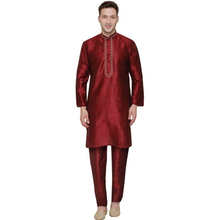 Men's Art Silk Indian Festival Wedding Party Clothes Kurta Pajama (Maroon, XL)