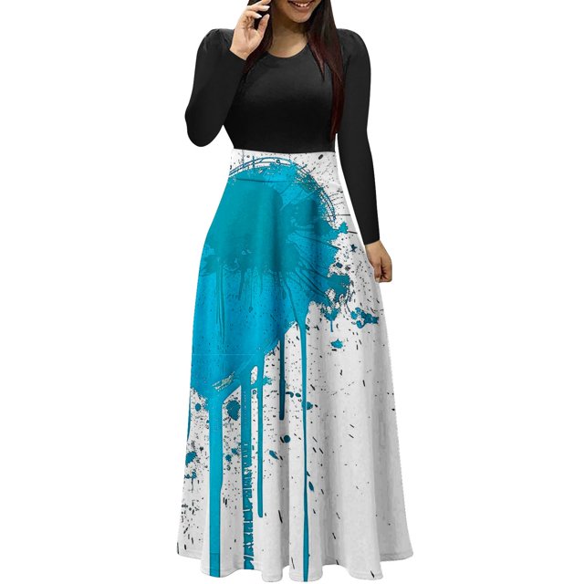 Dress for Women Casual,3/4 Sleeve Dress,Womens Fashion Printed Long Sleeve Round-Neck Pullover Patchwork Dress